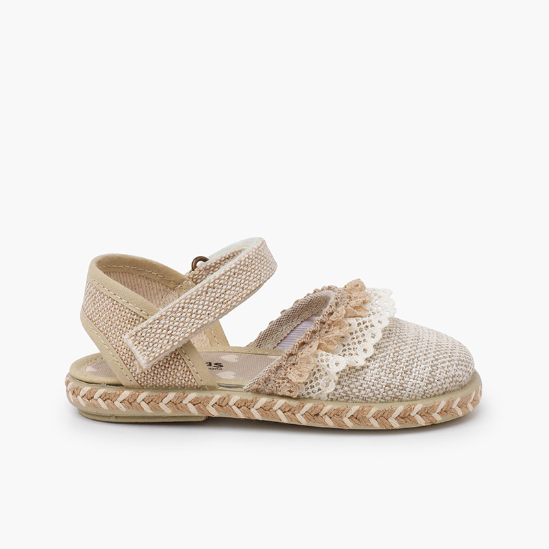 Espadrilles linen lace up adhesive strap Natural