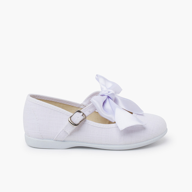 Linen Mary Janes ceremony satin bow White