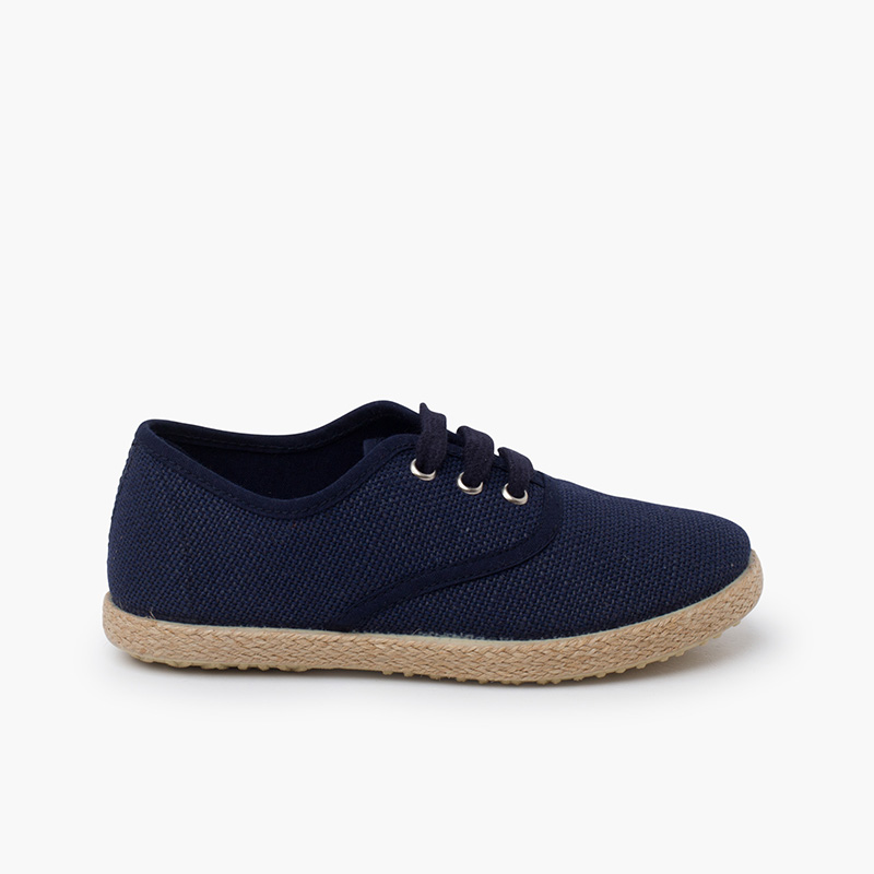 Linen lace-up espadrille sole trainers Navy Blue