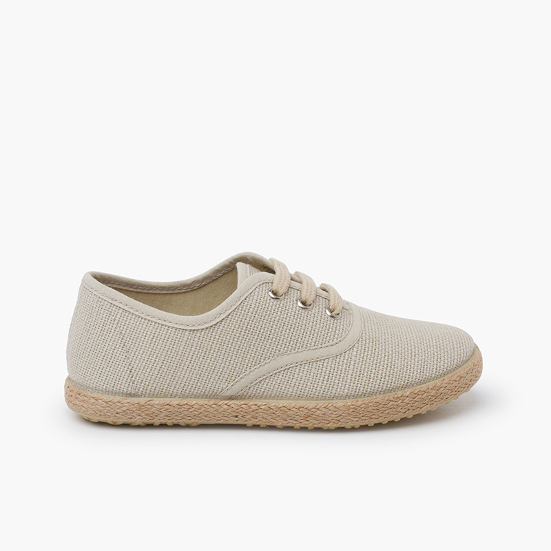 Linen lace-up espadrille sole trainers Beige