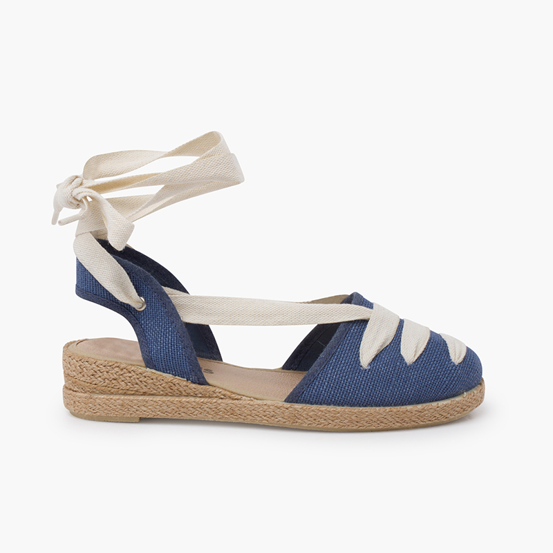 Goyesque linen espadrilles ecru ribbons and wedge Blue Klein