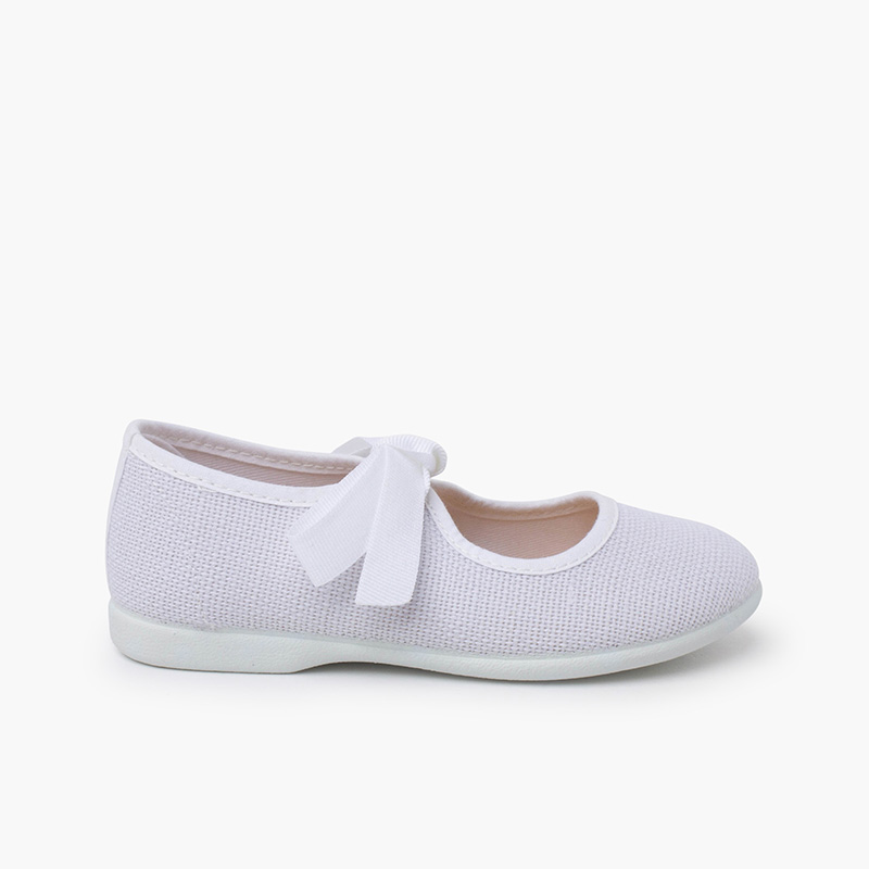 Linen Mary Janes with faille bow fastening White