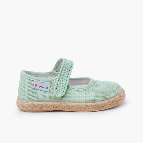Linen Mary Janes with espadrille sole and hook-and-loop closure Green Water