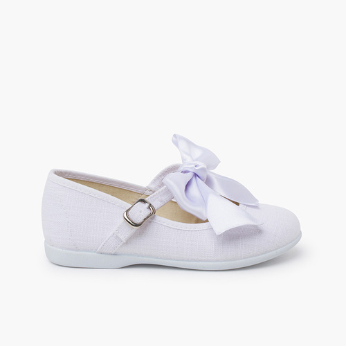 Linen Mary Janes ceremony satin bow White