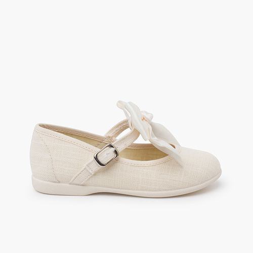 Linen Mary Janes ceremony satin bow ivory