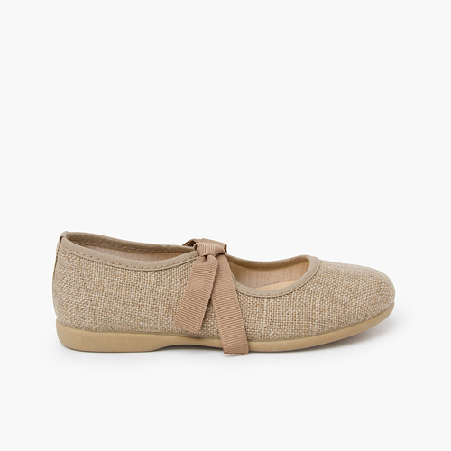Linen Mary Janes with faille bow fastening Natural