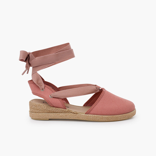 Wedge espadrilles piqué ribbons Old Rose