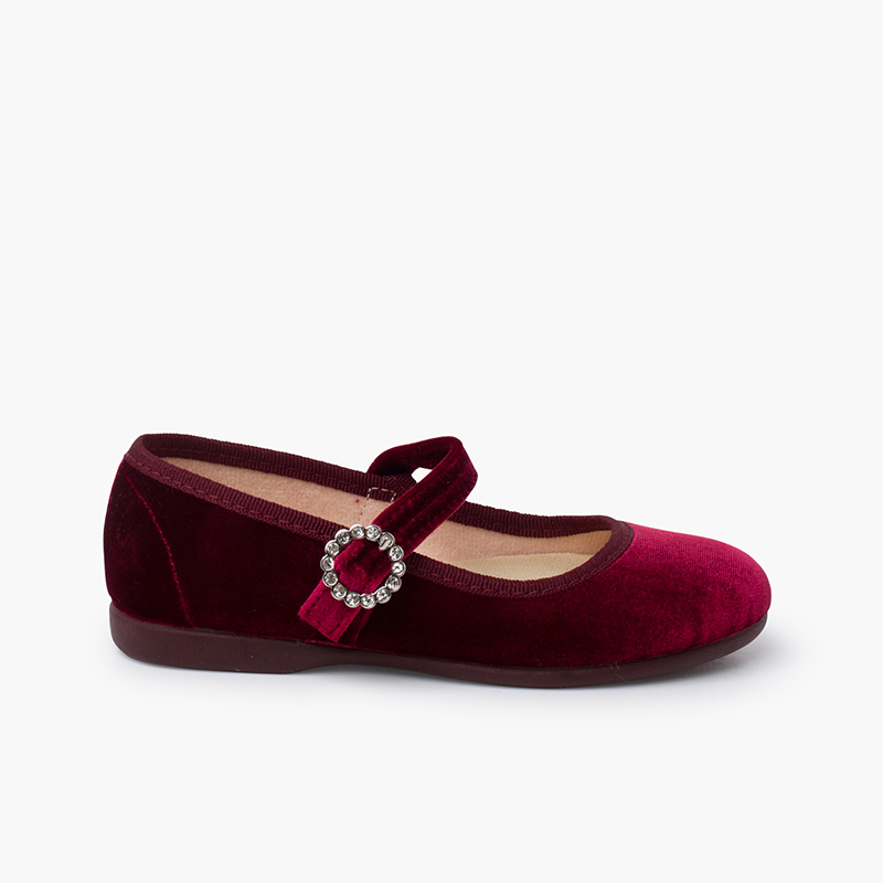Velvet Mary Janes with Jewel Buckle Burgundy