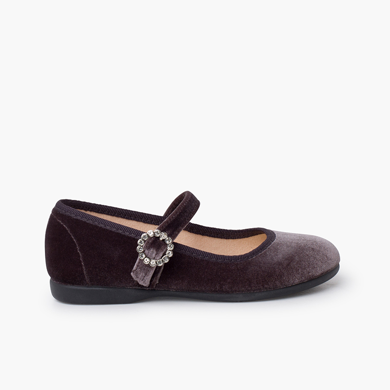 Velvet Mary Janes with Jewel Buckle Grey