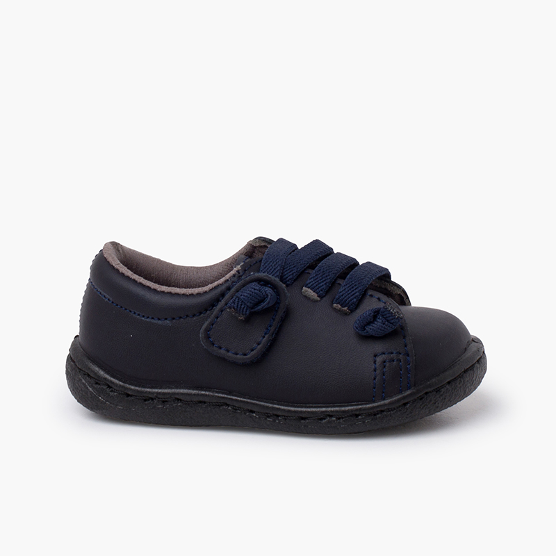 Washable leather trainers elastic laces Navy Blue