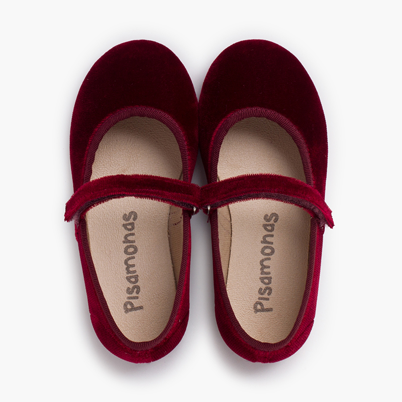 Velvet mary janes Girls hook-and-loop strap Burgundy
