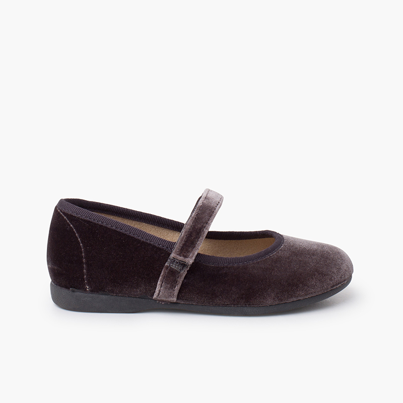 Velvet mary janes Girls hook-and-loop strap Grey