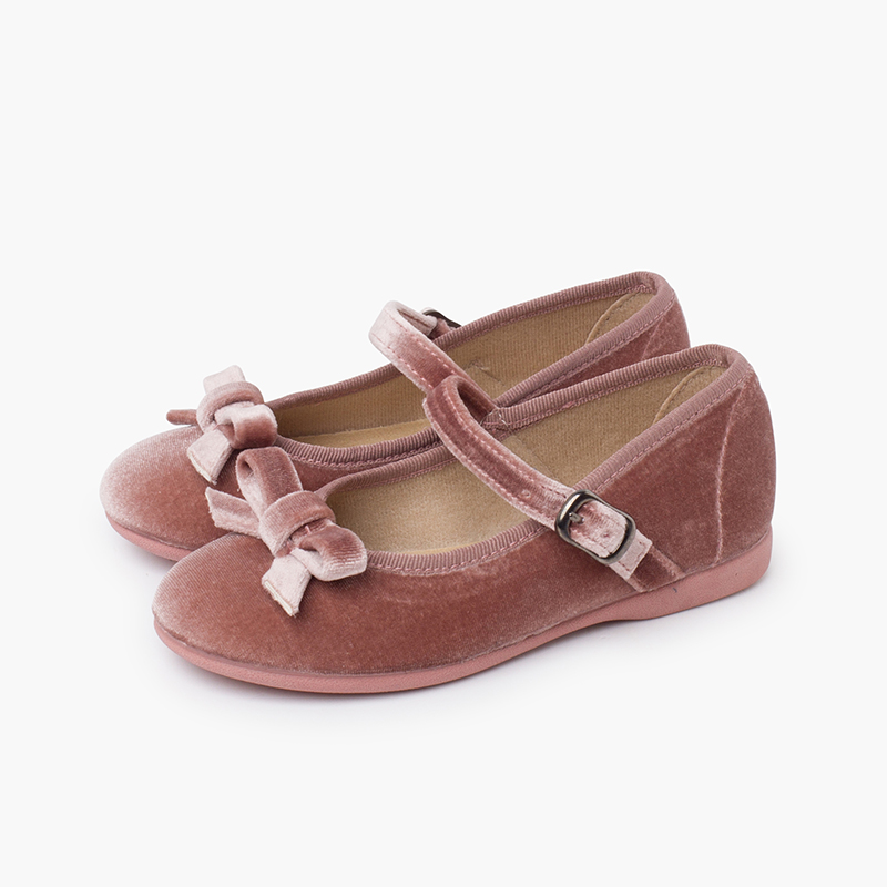 Velvet mary janes girls with bow Blush pink