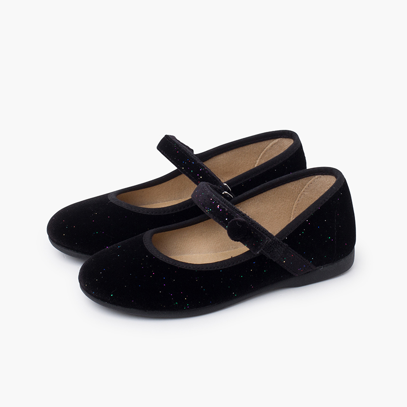 Shiny velvet mary janes girls button Black
