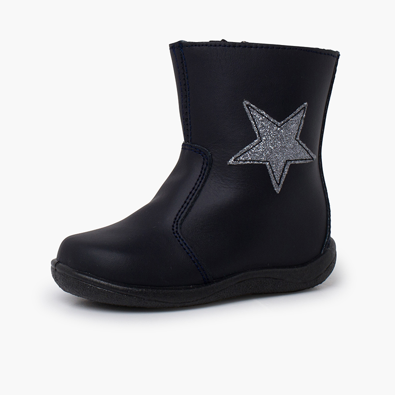 Washable Leather Star Boots for Girls Navy Blue