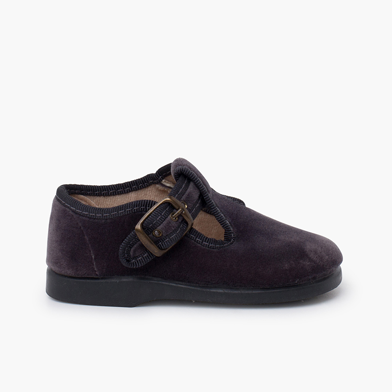 Velvet buckle T-bar shoes Grey
