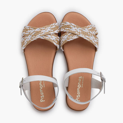 Buckle sandals crossed straps jute Blanco Bicolor