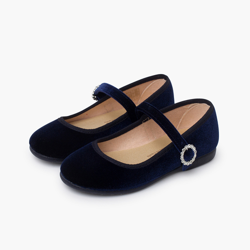 Velvet Mary Janes with Jewel Buckle Navy Blue