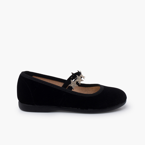 Velvet mary janes elastic little stars Black