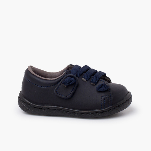 Washable leather trainers elastic laces Navy Blue