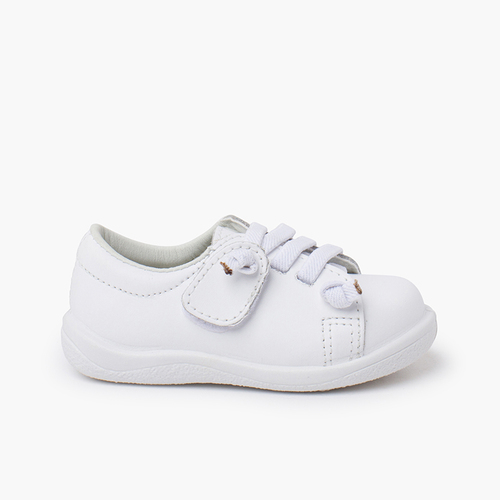 Washable leather trainers elastic laces White