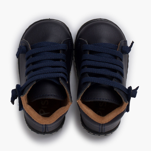 Washable leather children's Boots elastic laces Navy Blue