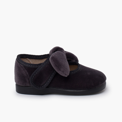 Velvet bow hook-and-loop fastening mary janes for girls Grey