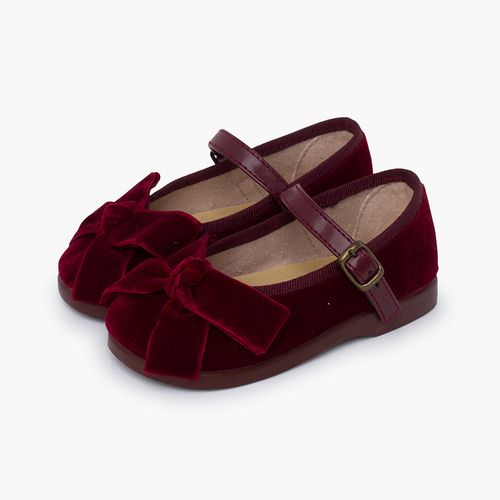 Mary janes leather-type strap velvet bow Burgundy
