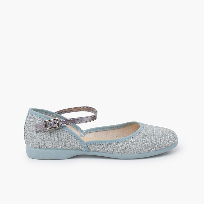 Low-cut linen mary janes metallic coloured bracelet Blue