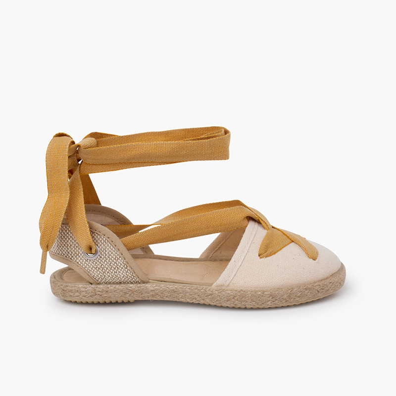 Round toe goyesque espadrilles crossed ribbons Mustard