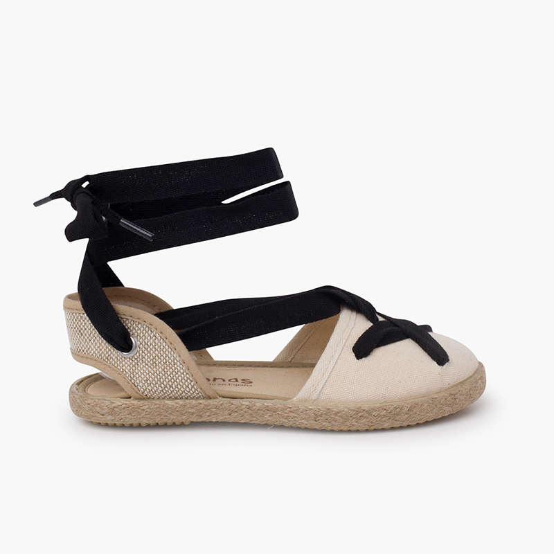 Round toe goyesque espadrilles crossed ribbons Black