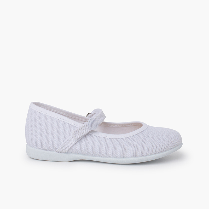 Linen mary janes hook-and-loop strap and button White