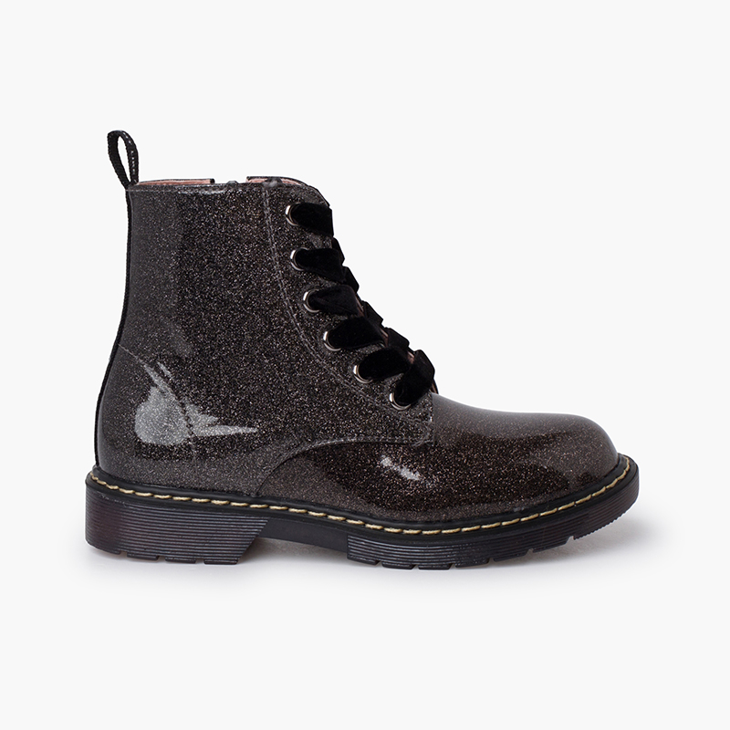 Glitter biker boots velvet laces Grey