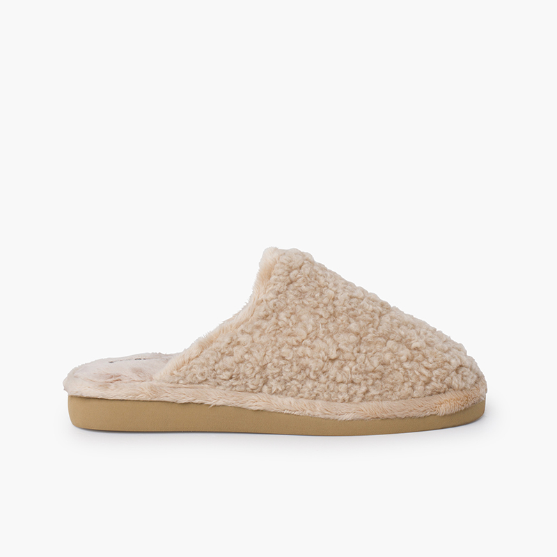 Shearling-like clog slippers non-slip Sole Beige