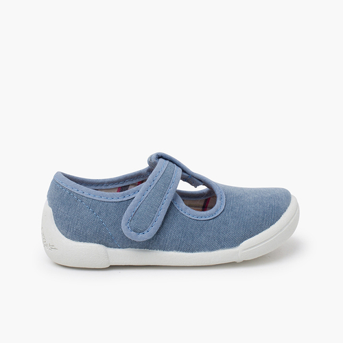 Barefoot T-bar shoes hook-and-loop strap white sole Blue