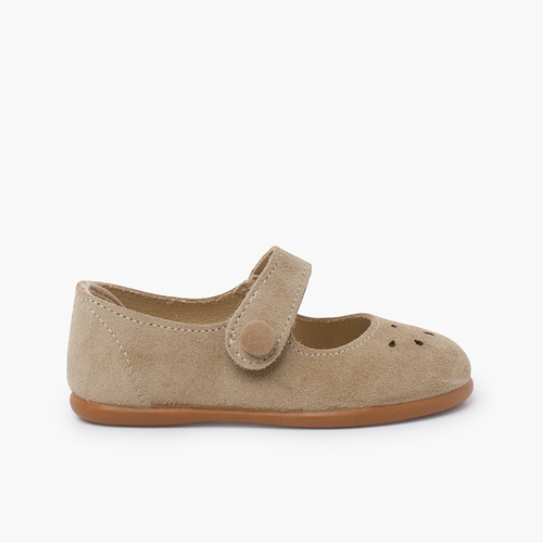 Perforated mary janes hook-and-loop closure button Beige