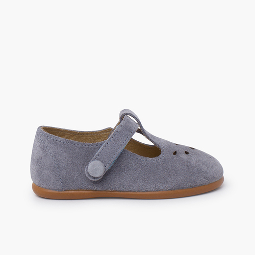 T-bar shoes punched design hook-and-loop closure Lead Blue