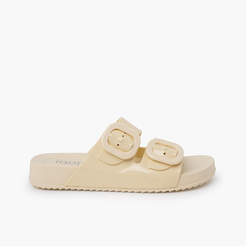 Shiny double buckle Havana sandals ivory
