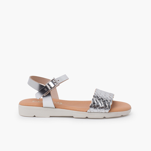 Buckle sandals braided upper strap Silver