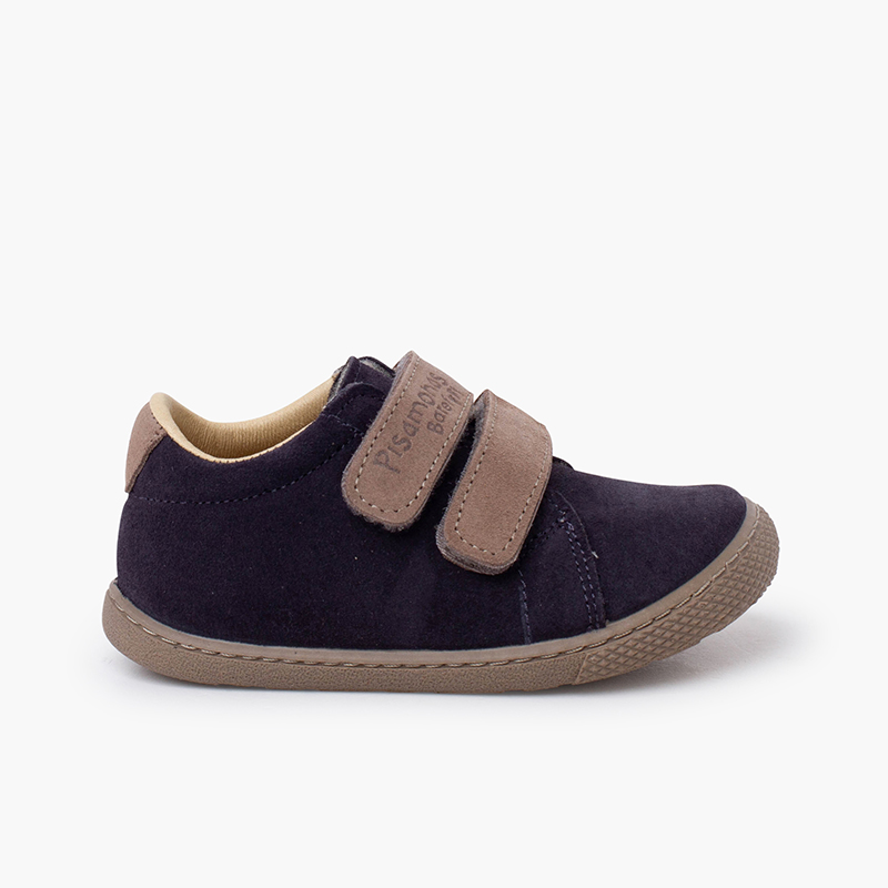 Barefoot Suede trainers hook and loop strap Navy with grey straps