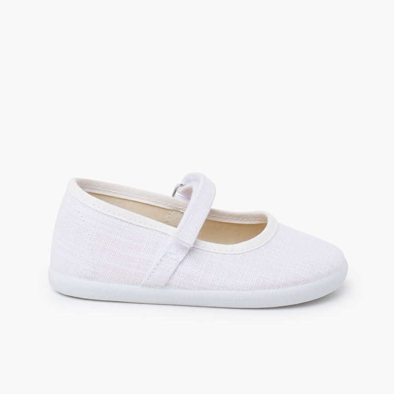 Barefoot light linen mary janes hook-and-loop strap White