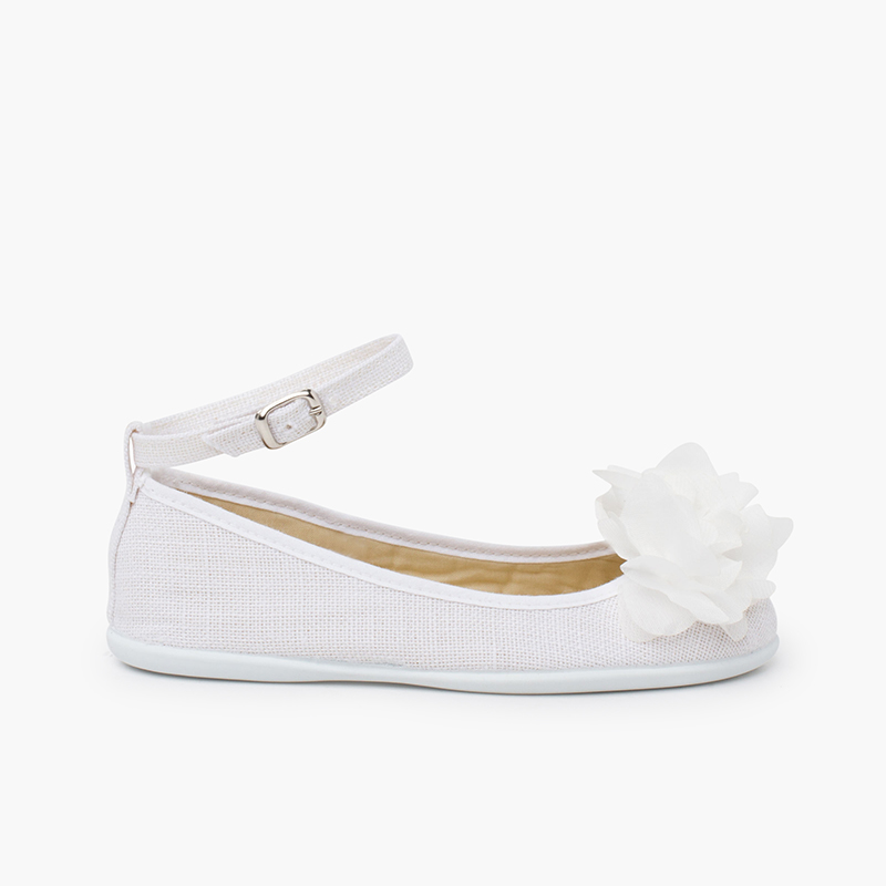 Linen ballet flats ankle strap gauze flower White