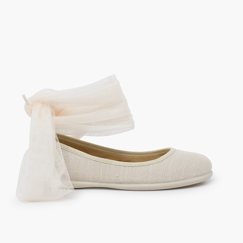 Linen ballet pumps ankle strap tulle bow Off-White