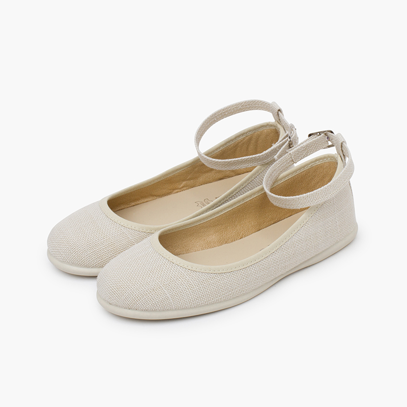 Linen ballet pumps ankle strap tulle bow Off-White