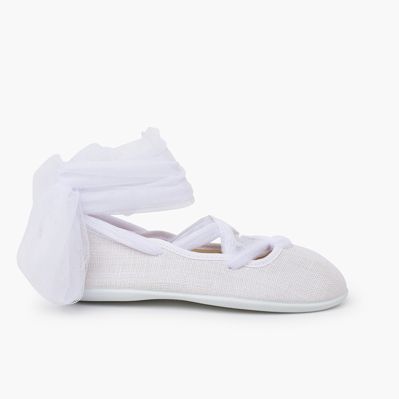 Linen ballet flats crossed tulle ribbons White