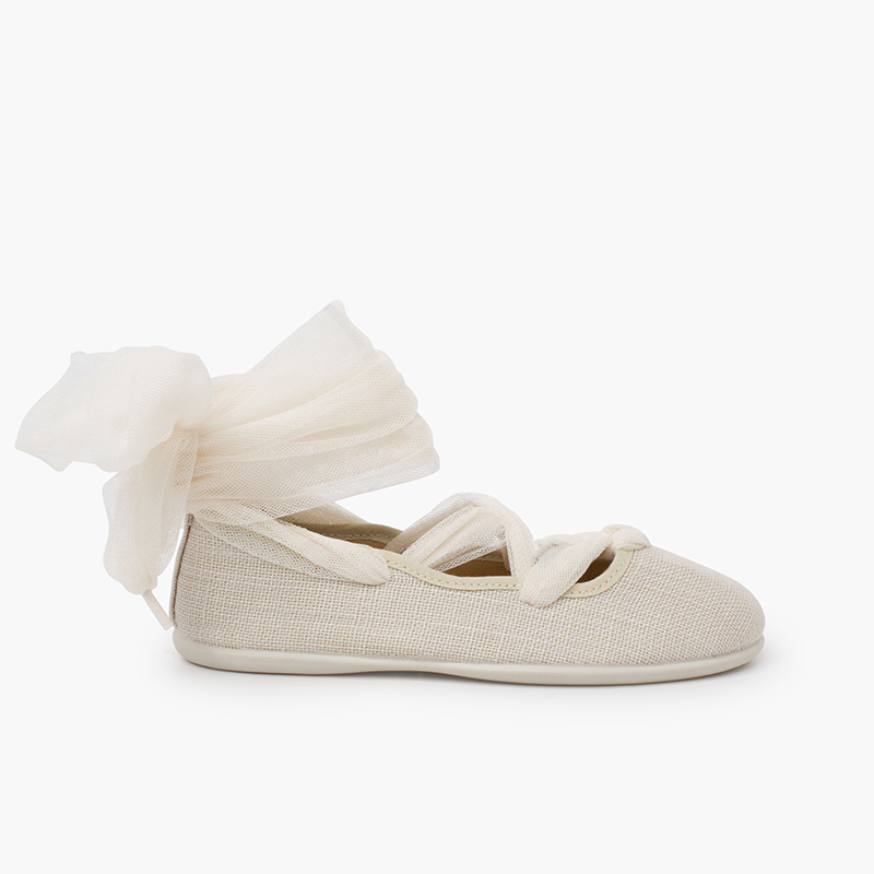 Linen ballet flats crossed tulle ribbons Off-White