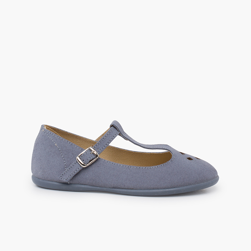 Perforated suede mary janes T-bar strap light blue