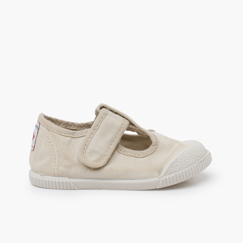 Barefoot washed canvas T-bar shoes oat