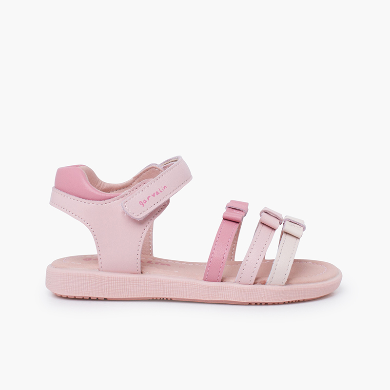 Garvalin Girls' Sandals Triple Strap Bows Pink