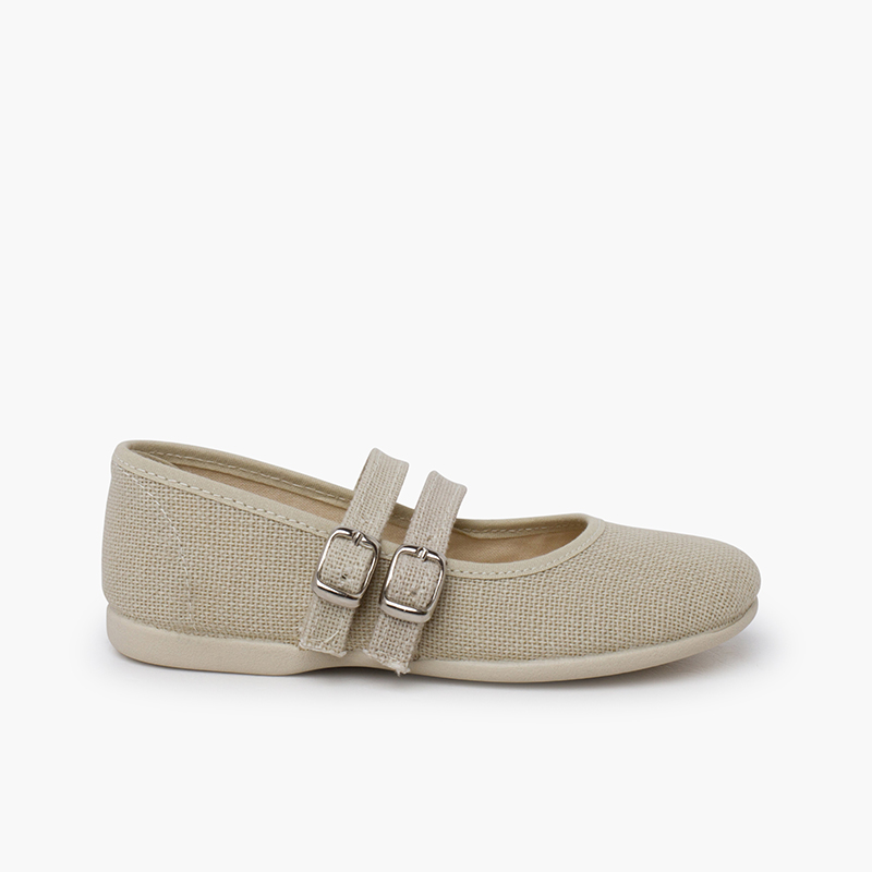 Linen mary janes double buckle Off-White